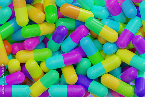 Multi-colored capsules filled the entire screen, medication for treating illness, medicine concept background, 3d rendering
