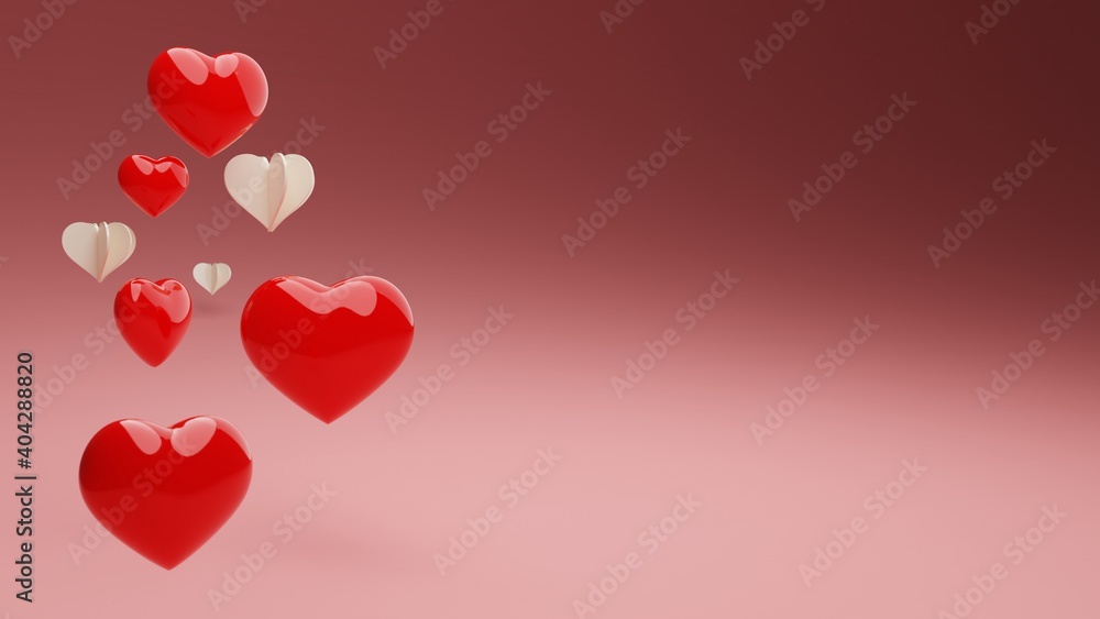 Set of red 3d realistic balloons in heart shape on pink background. Valentine's Day or wedding day romantic themes for party, events, presentation or promotion banner, posters 3D rendering.