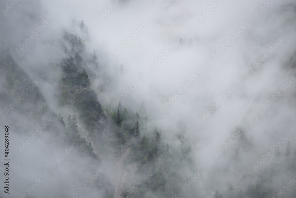 Mist in the mountains of the Bavarian alps near Garmisch Partenkirchen with some barely visible trees no. 1