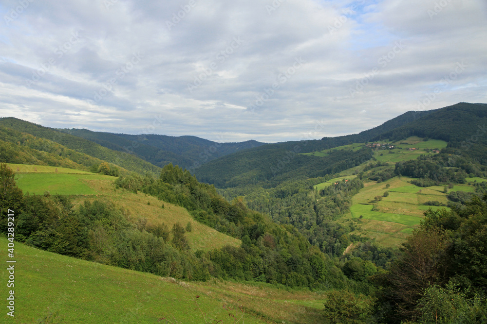Landscape of Radziejowa mountain range in Beskid Sadecki, Poland