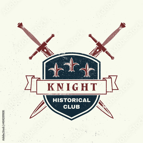 Knight historical club badge design. Vector illustration Concept for shirt, print, stamp, overlay or template. Vintage typography design with swords and shield silhouette.