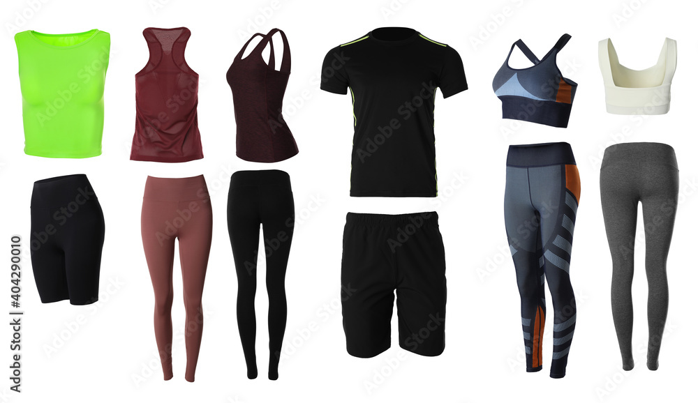 Collection of stylish sportswear on white background. Banner