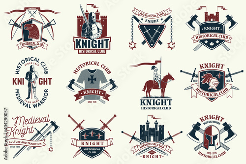 Set of knight historical club badge design Vector Concept for shirt, print, stamp, overlay or template. Vintage typography design with knight, knight on a horse, swords, axe, castle silhouette
