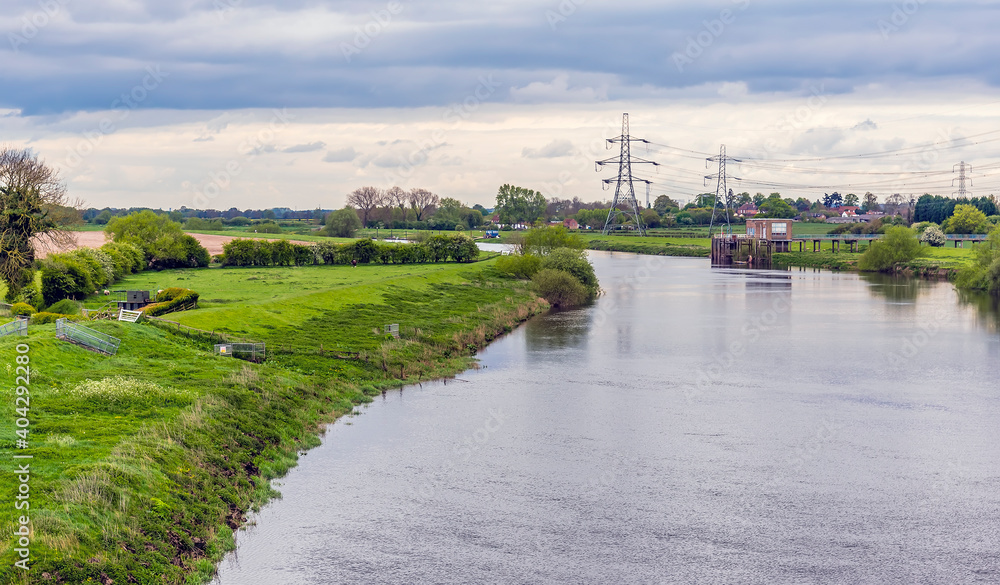A view across the River Trent from the abandoned railway viaduct at Fledborough, Nottinghamshire in springtime