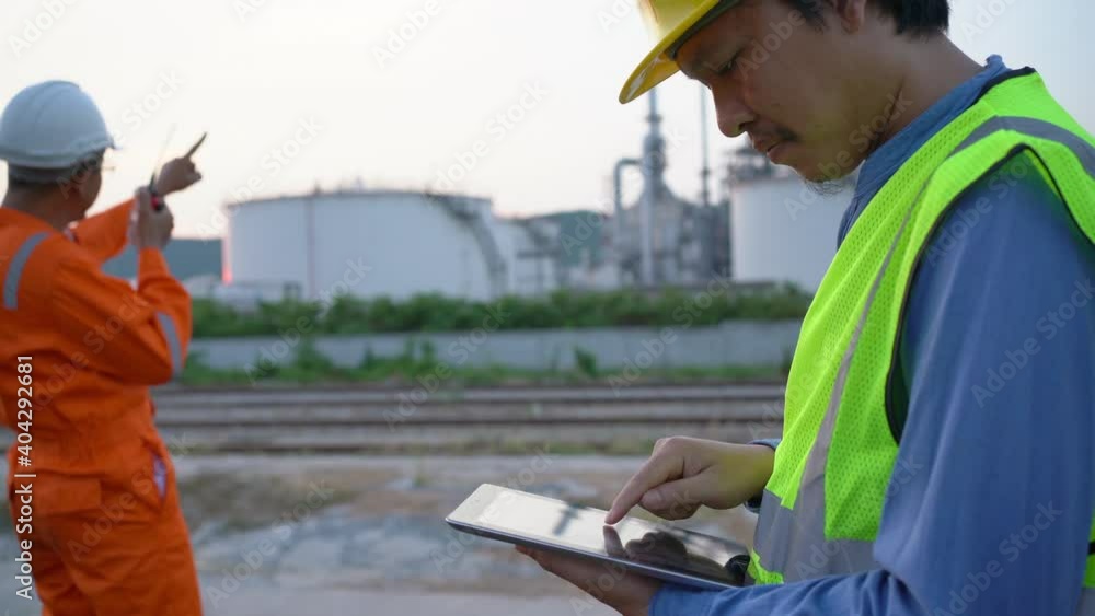 Engineer teamwork wearing safety helmet discussion consult with oil refinery industry plant background. Engineer teamwork wearing safety helmet discussion consult with oil refinery industry plant background.