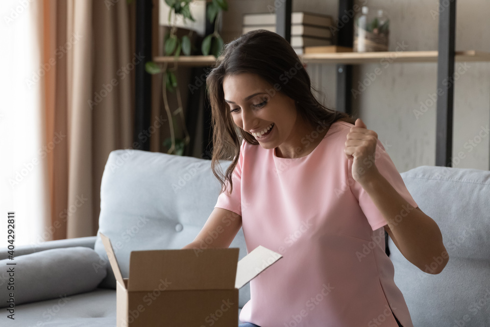 Overjoyed young indian Arabic woman feel euphoric with good quality order shopping online from home. Happy millennial ethnic female buyer unbox unpack cardboard package. Delivery service concept. Overjoyed young indian Arabic woman feel euphoric with good quality order shopping online from home. Happy millennial ethnic female buyer unbox unpack cardboard package. Delivery service concept.