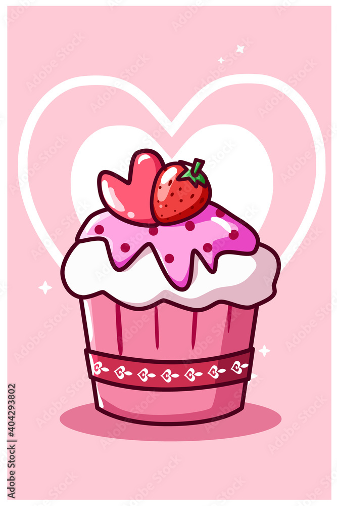 Cupcake ice cream with strawberry in valentine day cartoon illustration Cupcake ice cream with strawberry in valentine day cartoon illustration
