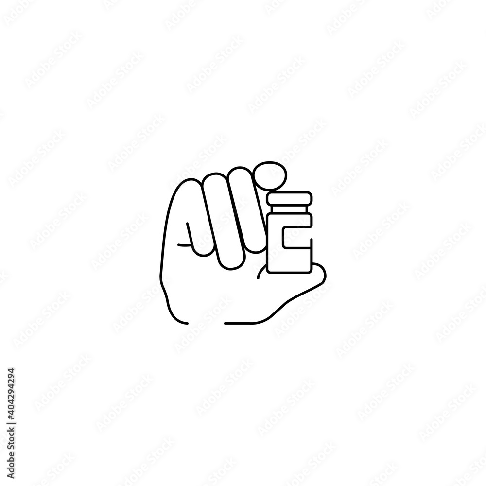 Coronavirus vaccine in a hand. Vector line icon of a hand holding vaccine medicine bottle with a coronavirus. medicine, discovery, vaccine research Coronavirus vaccine in a hand. Vector line icon of a hand holding vaccine medicine bottle with a coronavirus. medicine, discovery, vaccine research