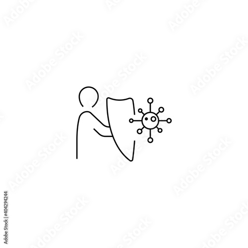 immune from flu germ icon in line style, human is holding shield, virus protection, shield, bacterial prevention, vaccination, antibiotics. web symbol, coronavirus vaccine vector line