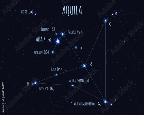 Aquila (The Eagle) constellation, vector illustration with the names of basic stars against the starry sky