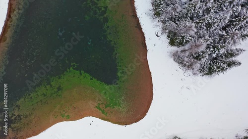 Aerial shot from above of Green Lake in Austrian Alps. Aerial view of winter landscape of gruner see lake in Styria.