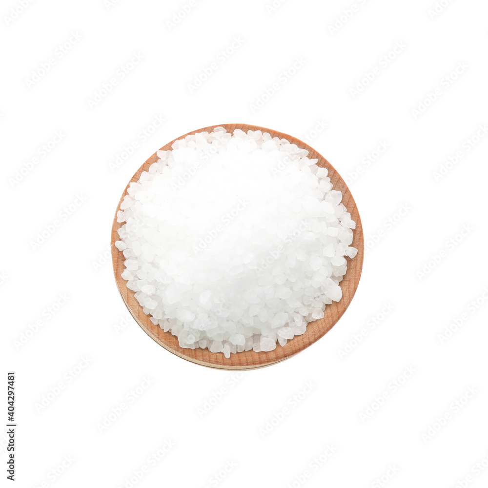 Natural salt in bowl on white background, top view Natural salt in bowl on white background, top view