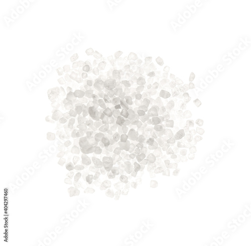 Pile of natural salt on white background, top view