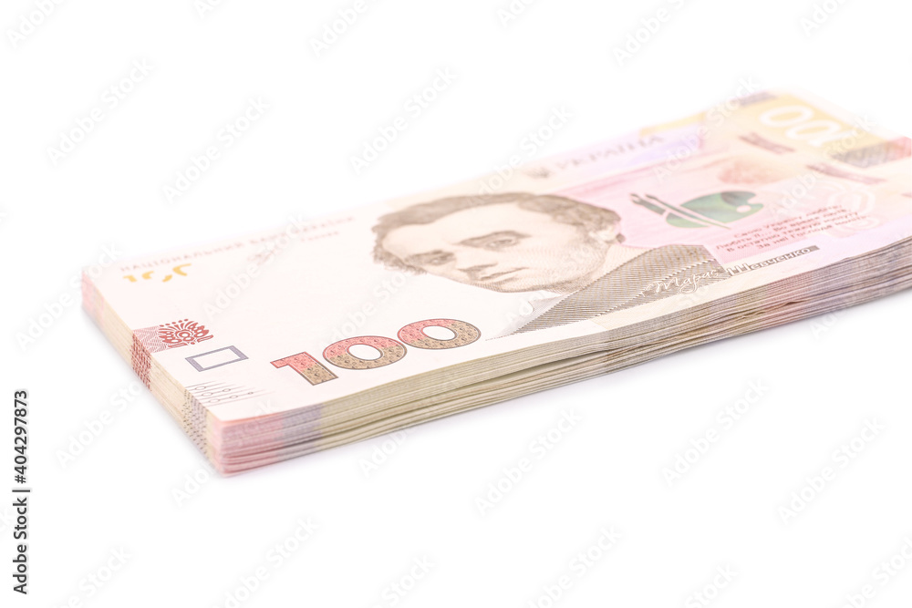 100 Ukrainian Hryvnia banknotes on white background 100 Ukrainian Hryvnia banknotes on white background