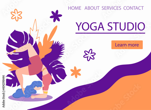 Website banner design for Yoga studio promotion with Learn more button. Yogi woman meditating