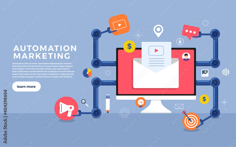 Flat design concept automation marketing. Digital marketing tools. Design template for website and banner. Vector illustrate. Flat design concept automation marketing. Digital marketing tools. Design template for website and banner. Vector illustrate.