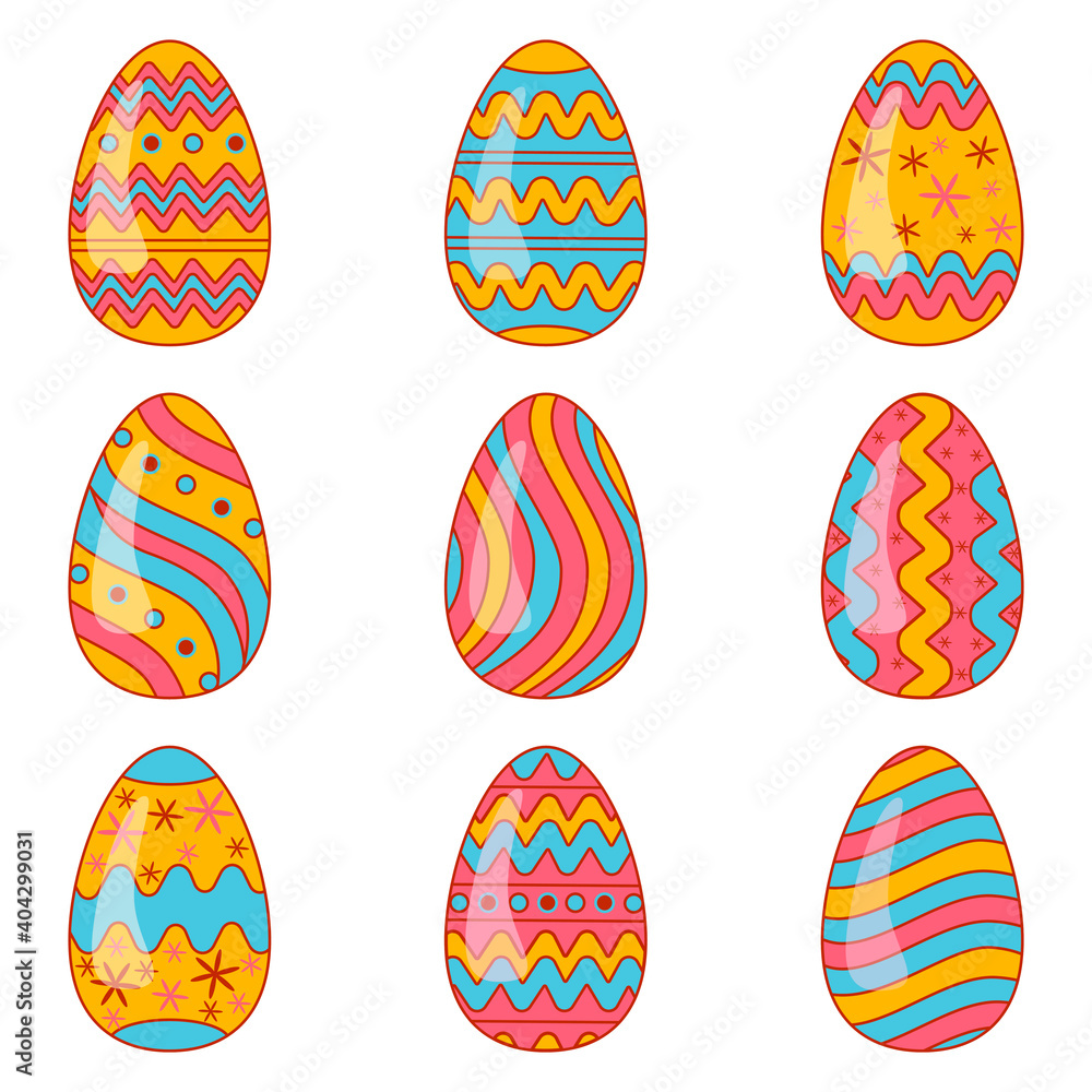 Set of colorful easter eggs. Happy Easter vector illustrations.