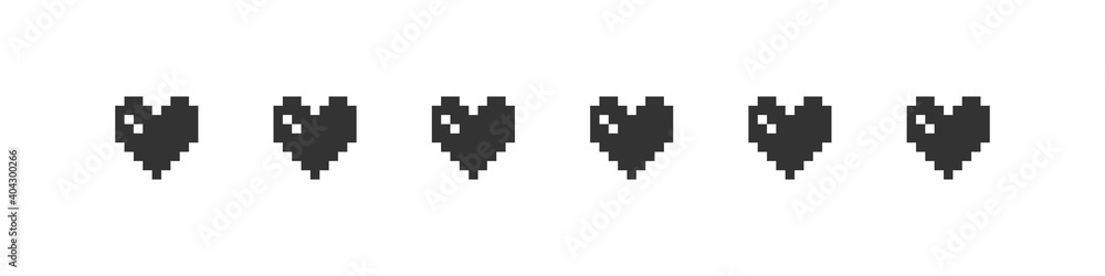 Hearts pixel icons. Black pixel icons. Pixel art hearts on white background. Vector illustration Hearts pixel icons. Black pixel icons. Pixel art hearts on white background. Vector illustration