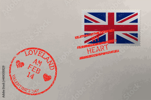 Postage stamp envelope with UK flag and Valentines Day stamps, vector