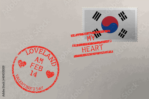 Postage stamp envelope with South Korea flag and Valentines Day stamps, vector