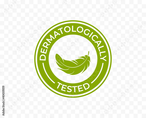 Dermatologically tested icon logo with feather, vector. Skin moisturizer and cosmetics hypoallergenic product tag, dermatology test certified stamp