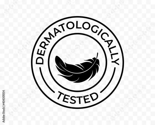 Dermatologically tested icon, hypoallergenic skincare products vector logo. Feather tag for dermatological tested moisturizer and skin cosmetics