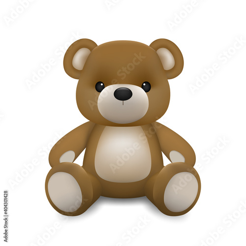 Realistic little cute baby bear doll character sitting on the ground isolated on white background. An animal bear cartoon relaxing gesture. Vector illustration design.