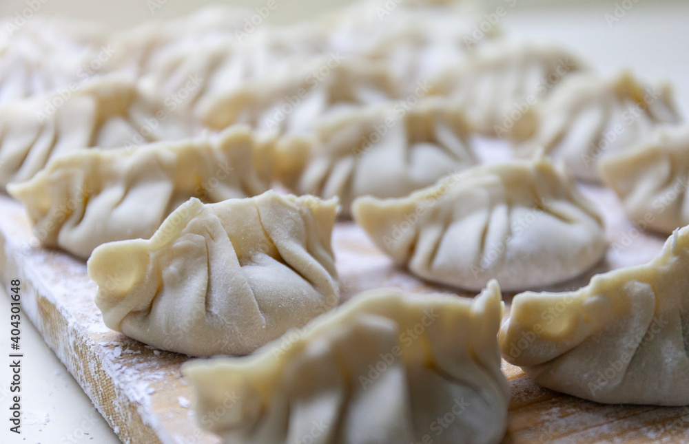 Raw Gyoza. ready for cooking. Japanese version of dumplings. Shallow depth of field. Close-up Raw Gyoza. ready for cooking. Japanese version of dumplings. Shallow depth of field. Close-up