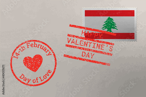 Postage stamp envelope with Lebanon flag and Valentines Day stamps, vector