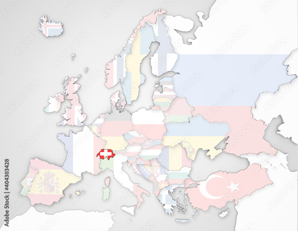 3D Europakarte auf die Schweiz hervorgehoben wird und die restlichen Flaggen transparent sind
