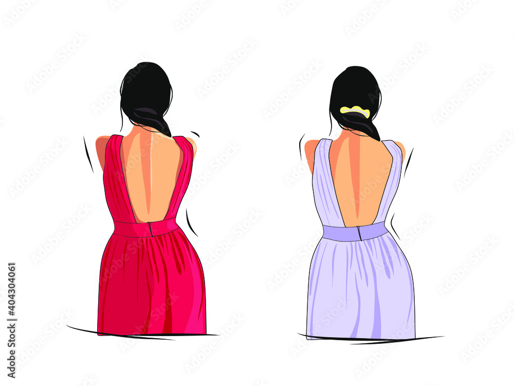 Vector illustration of a girl in a dress standing with her back