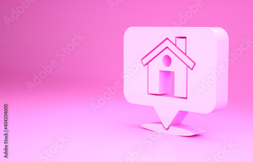 Pink Map pointer with house icon isolated on pink background. Home location marker symbol. Minimalism concept. 3d illustration 3D render.