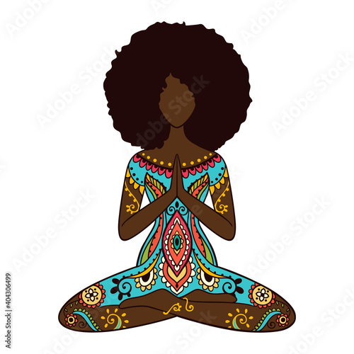 Yoga girl. African american woman doing yoga. Ornament Meditation pose. 