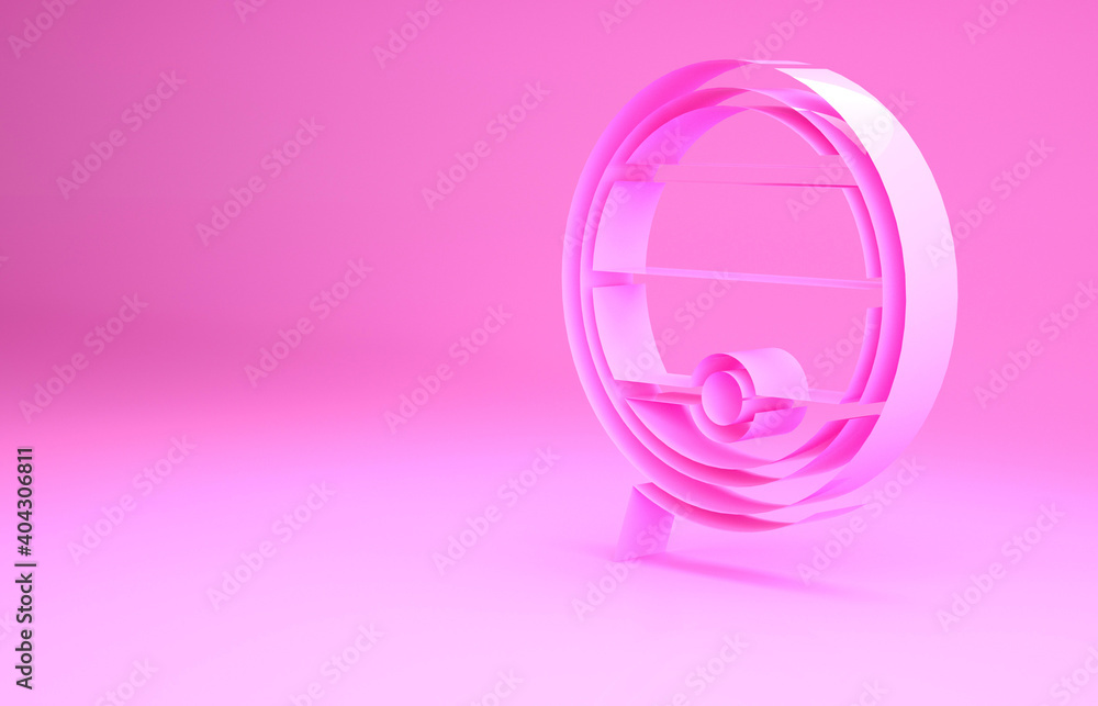 Pink Wooden barrel on rack with stopcock icon isolated on pink background. Minimalism concept. 3d illustration 3D render.