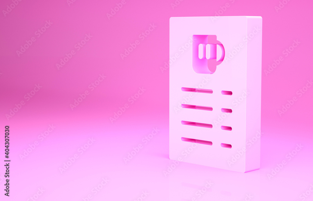 Pink Beer menu icon isolated on pink background. Beer restaurant brochure. Minimalism concept. 3d illustration 3D render. Pink Beer menu icon isolated on pink background. Beer restaurant brochure. Minimalism concept. 3d illustration 3D render.
