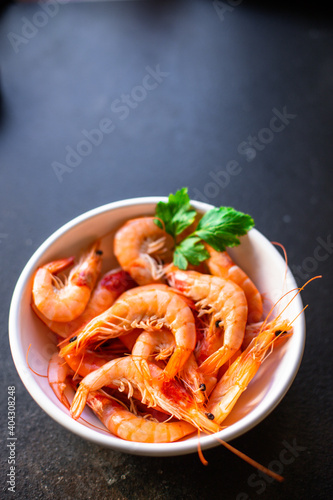 shrimp boiled seafood crustacean prawn ready to eat on the table for healthy meal snack outdoor top view copy space for text food background rustic image keto or paleo diet pescetarian