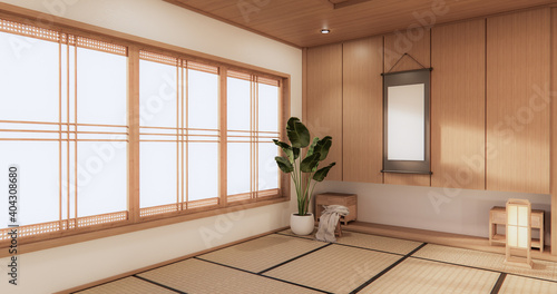 3D rendering white Japanese style room interior design orinal..