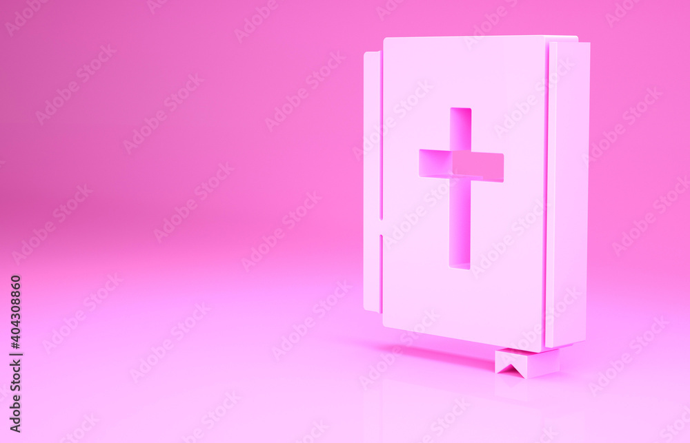 Obraz premium Pink Holy bible book icon isolated on pink background. Minimalism concept. 3d illustration 3D render.