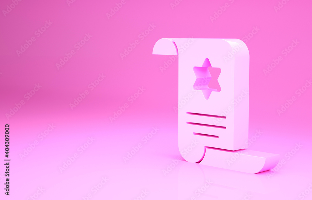 Pink Torah scroll icon isolated on pink background. Jewish Torah in expanded form. Star of David symbol. Old parchment scroll. Minimalism concept. 3d illustration 3D render. Pink Torah scroll icon isolated on pink background. Jewish Torah in expanded form. Star of David symbol. Old parchment scroll. Minimalism concept. 3d illustration 3D render.