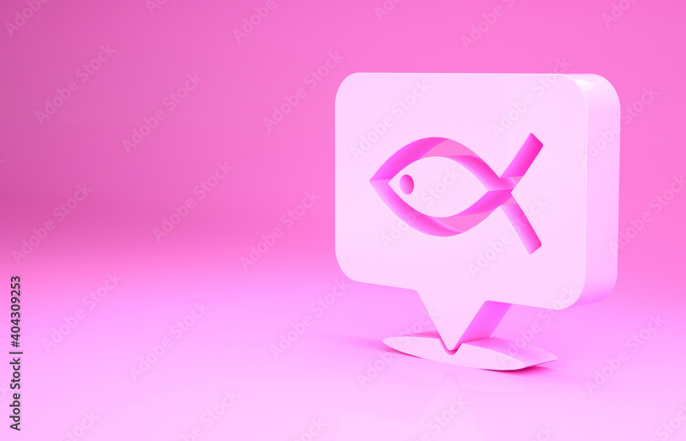 Pink Christian fish symbol icon isolated on pink background. Jesus fish symbol. Minimalism concept. 3d illustration 3D render. Pink Christian fish symbol icon isolated on pink background. Jesus fish symbol. Minimalism concept. 3d illustration 3D render.