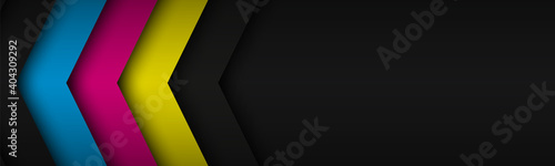 Black modern header with overlapped layers with cmyk colors. Banner for your business. Vector abstract widescreen background photo