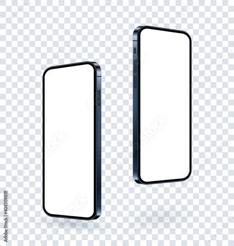 Phone mockup with blank screen rotated and floating. Realistic mobile blue color device flying on transparent background. Glass smartphone template, vector 3d quality illustration.