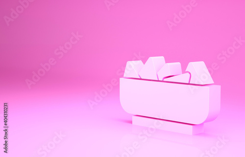 Pink Nachos in bowl icon isolated on pink background. Tortilla chips or nachos tortillas. Traditional mexican fast food menu. Minimalism concept. 3d illustration 3D render. © vector_v