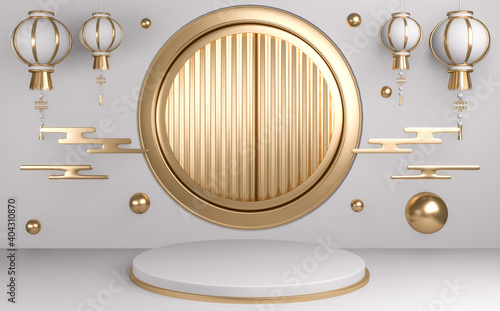 The Gold Chinese podium minimal geometric, podium Chinese traditional.3D rendering