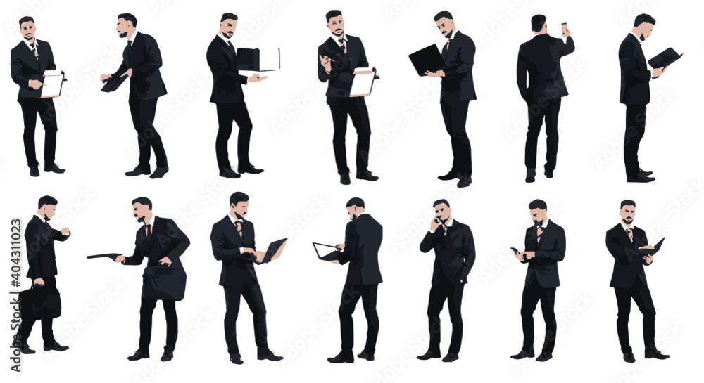 Collection of handsome businessman in suit working using tablet and notepad. Easy editable vector realistic illustration. Collection of handsome businessman in suit working using tablet and notepad. Easy editable vector realistic illustration.