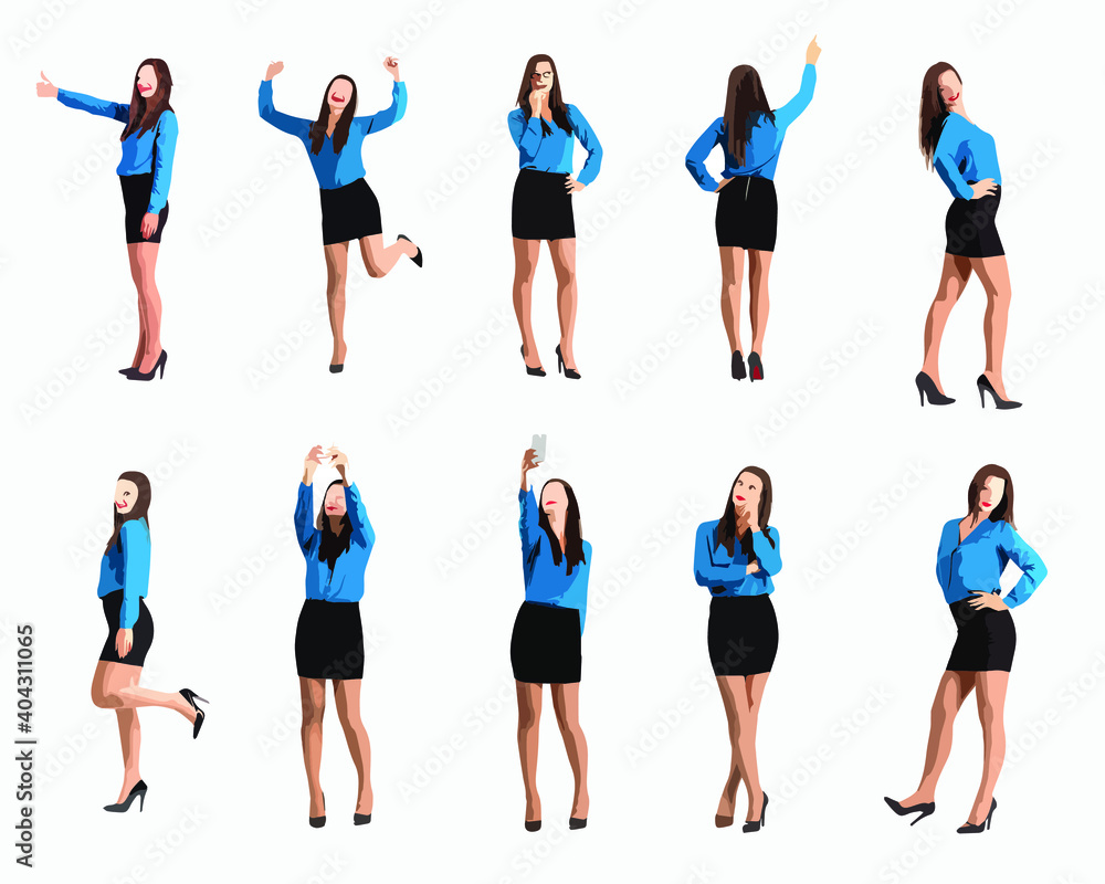 Collection of business woman in blue shirt and skirt made of minimalism shapes. Easy editable vector illustration. 