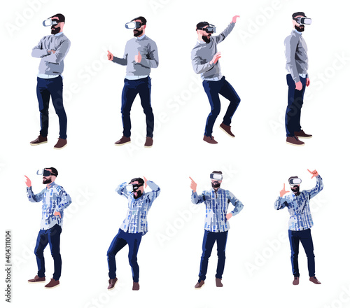 Collage of realistic business man using virtual reality headset made of abstract shapes on white. Easy editable vector illustration. 