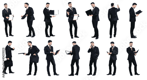 Collection of handsome businessman in suit working using tablet and notepad. Easy editable vector realistic illustration. 