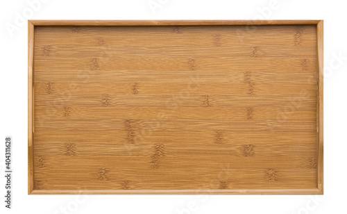 New rectangular wooden bamboo tray isolated on white background. Top view. Mockup for food project.