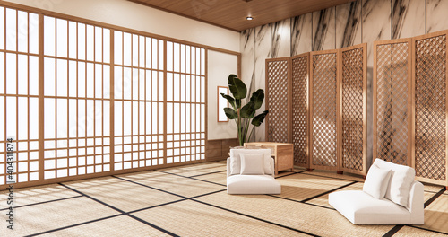 partition japanese on room tropical interior with tatami mat floor and ganite tiles wall.3D rendering